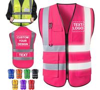 ShAxzHen Gilet di sicurezza personalizzato per uomini e donne con tasche e logo, abbigliamento protettivo da lavoro ad alta visibilità con striscia riflettente, Rosa, M