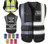 ShAxzHen Gilet di sicurezza personalizzato per uomini e donne con tasche e logo, abbigliamento protettivo da lavoro ad alta visibilità con striscia riflettente, Nero , M