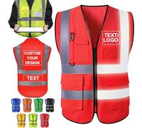 ShAxzHen Gilet di sicurezza personalizzato per uomo donna con tasche logo personalizzato ad alta visibilità abbigliamento da lavoro protettivo con striscia riflettente, Rosso, XXX-Large