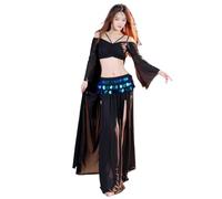 SHBHWS Costume da Ballo con Maniche Scoperte, Set 2 Pezzi, Cintura di Monete, Gonna Lunga, Vestito Danza del Ventre for Ragazze per la Pratica della Danza(Black,L)