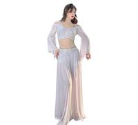 SHBHWS Costume da Danza del Ventre con Paillettes in Rete for Donna Top a Maniche Lunghe + Gonna Lunga in Garza 2 Pezzi Set Allenamento Stage Outfit per la Pratica della Danza(White,M)