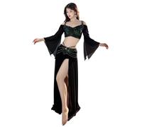 SHBHWS Costume da Danza del Ventre con Paillettes in Rete for Donna Top a Maniche Lunghe + Gonna Lunga in Garza 2 Pezzi Set Allenamento Stage Outfit per la Pratica della Danza(Black,M)