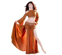 SHBHWS Costume da Danza del Ventre for Donna, Maniche in Corno, Set Ballo, Gonna Lunga di Gruppo Morbida e Allungata con Mutandine per la Pratica della Danza(Brown,XL)