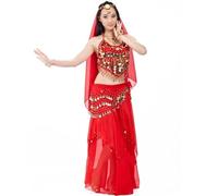 SHBHWS Costume Set 2/3/5 Pezzi Velo di Danza del Ventre Top Monete Sciarpa all'anca Gonna Donna per la Pratica della Danza(Red,2-Pieces)