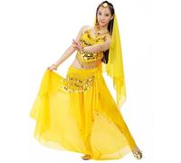 SHBHWS Costume Set 2/3/5 Pezzi Velo di Danza del Ventre Top Monete Sciarpa all'anca Gonna Donna per la Pratica della Danza(Yellow,2-Pieces)