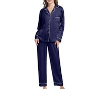 SHCNSJC Pigiama Seta Donna Pigiama Lungo da Donna, Pigiami Due Pezzi Donna Manica Lunga con Bottoni, Pigiama da Donna in Raso, Pigiama Donna Invernale, Set Pigiama da Notte S-XXL
