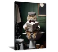SHDOWARTH Decorazione da parete per il bagno, gatto seduto sul water che legge il giornale, poster su tela con animali umoristici, decorazione colorata e massimalista, 40,6 x 61 cm