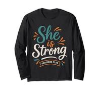 She Is Strong Proverbs 31 25 - Vintage Bibbia Verse Christian Maglia a Manica