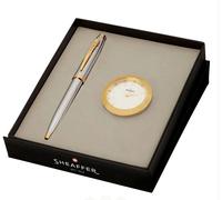 Sheaffer 100 Penna a Sfera G9340 Luminoso Cromato Con Oro Orlo e Scrivania Clock