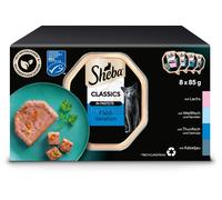 SHEBA Classics Sapori di pesce in vaschetta 8x85 g Alimento umido completo per gatti adulti con salmone, pesce bianco e carote, tonno e verdure, merluzzo