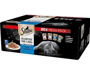 Sheba Delicatesse Fine Flakes, 80 x 85 g, confezione Mega Pack - cibo per gatti bagnato, selezione di pesci in gelatina con salmone, pesce bianco, tonno e merluzzo per gatti adulti