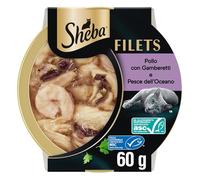 Sheba Filets Cibo Umido per Gatti Adulti con Pollo, Pesce Oceano e Gamberetti in Salsa, 32 Vaschette da 60 g, Totale 1.920g