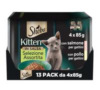 Sheba Kitten Selezione Assortita in Salsa con Salmone e Pollo, cibo umido completo per gattini, 52 Bustine da 85g