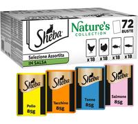 Sheba Nature’s Collection Selezione Assortita in Salsa, gusti Pollo, Tacchino, Tonno, Salmone, cibo umido completo per gatti adulti, 72 Bustine da 85g