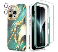 SHEDEER Cover per iPhone 16 Pro, Glitter Protezione Fotocamera & Vetro Temperato & Paraurti, Custodia 360 Protezione, Aesthetic, Antiurto, Verde Fantasia
