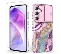 SHEDEER Cover per Samsung A55 con Slidable Protezione Fotocamera & Vetro Temperato, Cover per Galaxy A55 360 Protezione Militare, Anti-Giallo, Brillante, Antiurto Antigraffio, Viola Meteor Shower