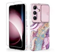SHEDEER Cover per Samsung S24 con Slidable Protezione Fotocamera & Vetro Temperato, Cover per Galaxy S24 360 Protezione Militare, Anti-Giallo, Brillante, Antiurto Antigraffio, Viola Meteor Shower
