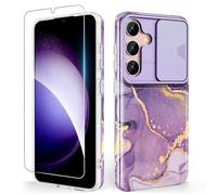 SHEDEER Cover per Samsung S24 con Slidable Protezione Fotocamera & Vetro Temperato, Cover per Galaxy S24 360 Protezione Militare, Aesthetic, Anti-Giallo, Brillante, Antiurto Antigraffio, Viola