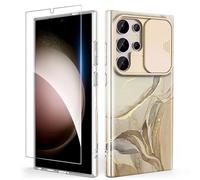 SHEDEER Cover per Samsung S24 Ultra con Slidable Protezione Fotocamera & Vetro Temperato, Cover per Galaxy S24 Ultra 360 Protezione Militare Aesthetic, Brillante, Antiurto Antigraffio, Bianco Elegante