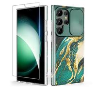 SHEDEER Cover per Samsung S24 Ultra con Slidable Protezione Fotocamera & Vetro Temperato, Cover per Galaxy S24 Ultra 360 Militare Protezione, Aesthetic, Brillante, Antiurto Antigraffio, Verde Fantasia