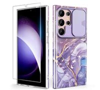SHEDEER Cover per Samsung S24 Ultra con Slidable Protezione Fotocamera & Vetro Temperato, Cover per Galaxy S24 Ultra 360 Protezione Militare Aesthetic, Brillante, Antiurto Antigraffio, Viola