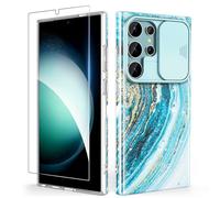 SHEDEER Cover per Samsung S24 Ultra con Slidable Protezione Fotocamera & Vetro Temperato, Cover per S24 Ultra 360 Militare Protezione, Aesthetic, Brillante, Antiurto Antigraffio, Stella Blu