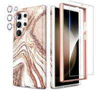 SHEDEER Cover per Samsung S24 Ultra on Vetro Temperato & Paraurti + Protezione Fotocamera, Protezione in TPU Antiurto a 360°, Antigraffio Aesthetic Brillante Custodie Cover Galaxy S24 Ultra, Oro rosa