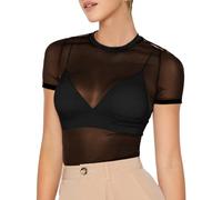 Sheer Mesh Top da donna sexy in pizzo a rete trasparente a maniche corte, Nero , M