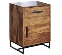Sheesham - Comodino in legno massello/metallo, 45 x 35 x 65 cm, con cassetto e porta