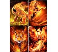 SHEGZHUC 4 Pezzi Diamond Painting Animali di Fiamma 30x40cm Diamond Painting Leone Cavalli Tigre Fenice Fiamma Kit Pittura Perline Cavalli Leone Tigre Fenice Fuoco Uccelli Ricamo Animali Punto Croce