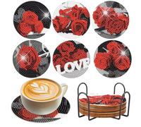 SHEGZHUC 6 Pezzi Diamond Painting Sottobicchieri Rose Rosse con Supporto Diamante Arte Pittura Diamanti Sottobicchieri Rose Love Quadri da Ricamare a Punto Croce Sottobicchiere Fiori per Bevande Caffè