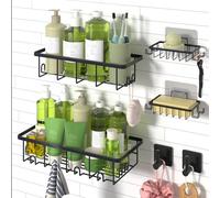 SHEGZHUC Cesto doccia da bagno, 4 pezzi, senza fori e con foratura, portasapone da gancio, supporto organizer + 2 ganci extra autoadesivi per bagno, cucina (nero)