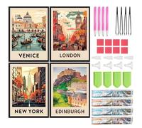 SHEGZHUC Confezione da 4 poster da 30 x 40 cm, con diamond painting paesaggio, poster da viaggio con diamond painting retrò, poster per pittura artistica, ricamo a punto croce, idea regalo per la