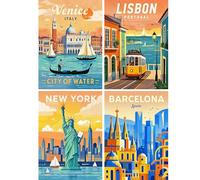 SHEGZHUC Confezione da 4 poster da città per adulti, 30 x 40 cm, con pittura a diamante Venezia Lisbona New York Barcellona, mosaico ricamo a punto croce, idea regalo per camera da letto