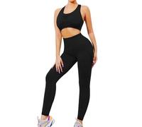 SHEKINI 2 pz Abbigliamento da Palestra per le Donne Tuta Senza Cuciture Allenamento Joggers Crop Top Set Completo Abiti Yoga Sportswear Leggings Reggiseno Sportivo Tute Running, Nero , S-M