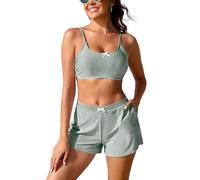 SHEKINI Bikini da donna a due pezzi con tasche costume da bagno alto Wasited pantaloncini papillon costume da bagno a righe carino costume da bagno, Verde, XL