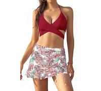 SHEKINI Bikini da donna con allacciatura al collo, scollo a V, regolabile, costume da bagno in due pezzi, con volant, coulisse, Stampe rosso vino, L