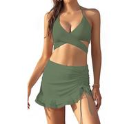 SHEKINI Bikini da donna con allacciatura al collo, scollo a V, regolabile, costume da bagno in due pezzi, con volant, coulisse, verde, S