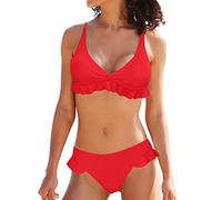 SHEKINI Bikini da donna, con scollo a V, grazioso motivo volant, costume da bagno in due pezzi, costume da bagno a triangolo, Colore: rosso, L