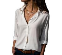 SHEKINI Camicetta da Donna Estiva in Chiffon con Bottoni, a Maniche Lunghe, Colletto, Bianco, L