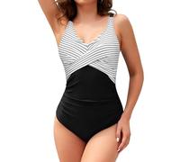 SHEKINI Collo a V Costume da Bagno Intero Costumi Intero Donna Monokini Donna Sexy(L, Nero+Strisce)