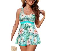 SHEKINI Costume da bagno da donna, 2 pezzi, costume da bagno con pantaloncini regolabili a croce sulla schiena, Stampe verdi, S