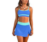 SHEKINI Costume da bagno da donna, a vita alta, con gonna da bagno e slip di sicurezza, bikini fascia imbottita, costume a due pezzi snellente, abito da bagno, Blu/verde, S