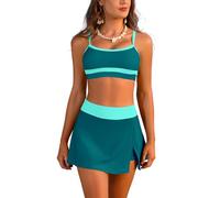 SHEKINI Costume da bagno da donna, a vita alta, con gonna da bagno e slip di sicurezza, bikini fascia imbottita, costume da bagno a due pezzi snellente, abito da bagno, verde, XXL