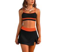 SHEKINI Costume da bagno da donna, a vita alta, con gonna da bagno e slip di sicurezza, bikini fascia imbottita, costume a due pezzi snellente, abito da bagno, nero/arancione, L