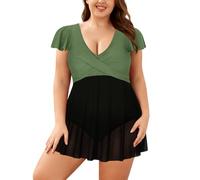 SHEKINI Costume da Bagno da Donna con Scollo a Pieghe Incrociate e Polsini Arricciati Costume Intero di Grandi Dimensioni（4XL，Verde Oliva）