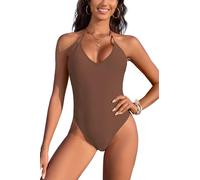 SHEKINI Costume da bagno da donna con scollo profondo a V, schiena libera, con cravatta regolabile, costume intero, marrone, L