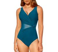 Shekini - Costume da bagno intero da donna, con controllo della pancia, scollo a V sexy, modello Cut Out Mesh, arricciature, monokini estivo, per la spiaggia, Swimsuit, Blu, S