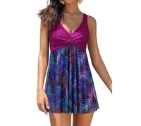 SHEKINI Costume da bagno intero da donna, in rete, con scollo a V, con imbottitura sul petto, taglia grande, per il bagno, Motivo floreale viola, M