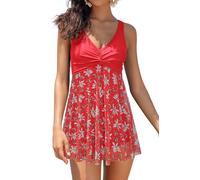 SHEKINI Costume da bagno intero da donna, in rete, con scollo a V, con imbottitura sul petto, taglia grande, per il bagno, Stampa rossa, XL
